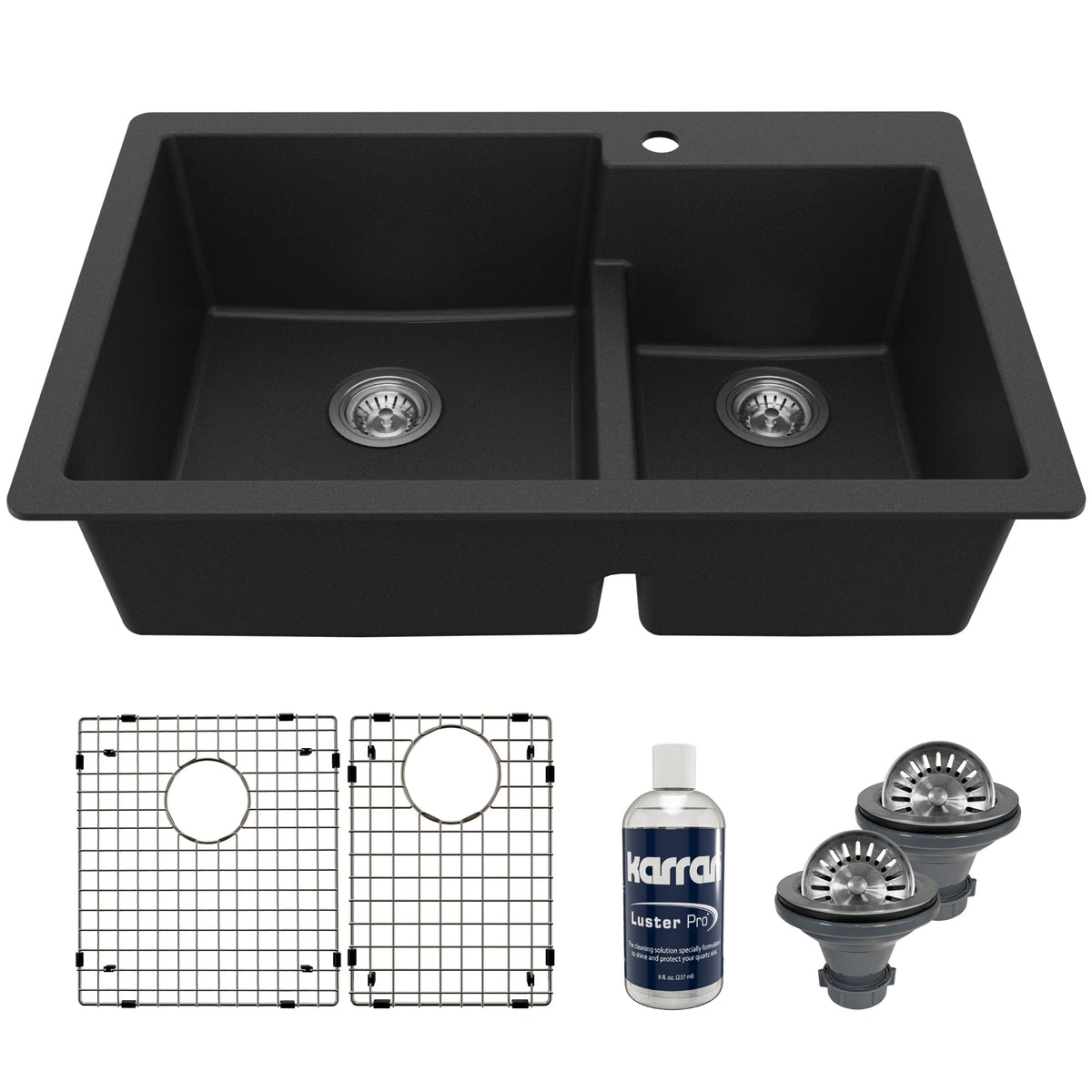 33" Top Mount Double Offset Bowl Quartz Composite Kitchen Sink Kit In Black