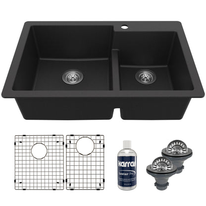 33" Top Mount Double Offset Bowl Quartz Composite Kitchen Sink Kit In Black