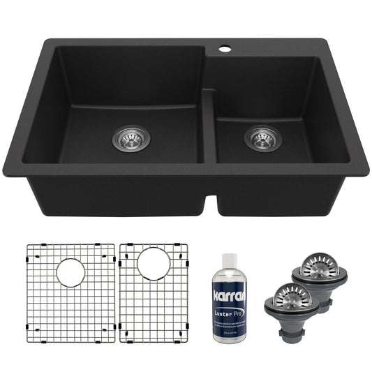 33" Top Mount Double Offset Bowl Quartz Composite Kitchen Sink Kit In Black