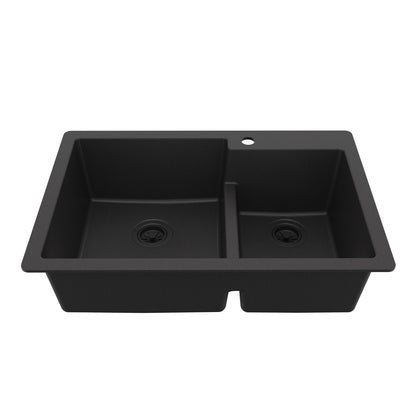 33" Top Mount Double Offset Bowl Quartz Composite Kitchen Sink In Black