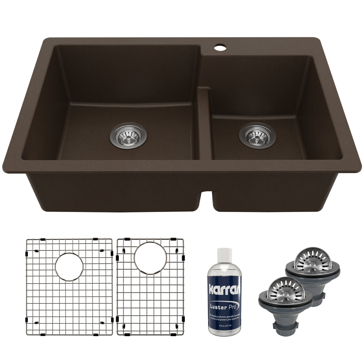 33" Top Mount Double Offset Bowl Quartz Composite Kitchen Sink Kit In Brown