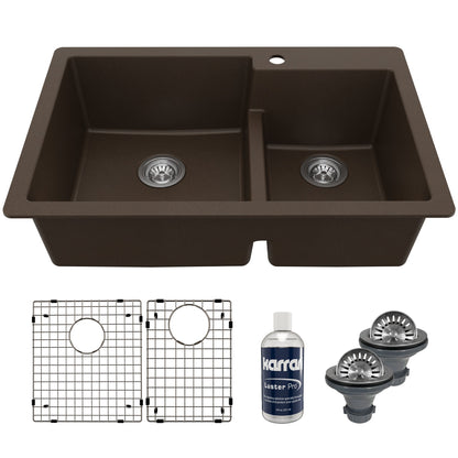 33" Top Mount Double Offset Bowl Quartz Composite Kitchen Sink Kit In Brown