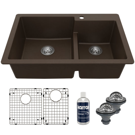 33" Top Mount Double Offset Bowl Quartz Composite Kitchen Sink Kit In Brown