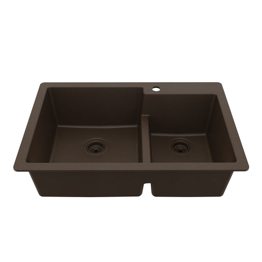 33" Top Mount Double Offset Bowl Quartz Composite Kitchen Sink In Brown