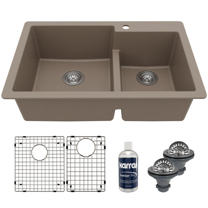 33" Top Mount Double Offset Bowl Quartz Composite Kitchen Sink Kit In Concrete