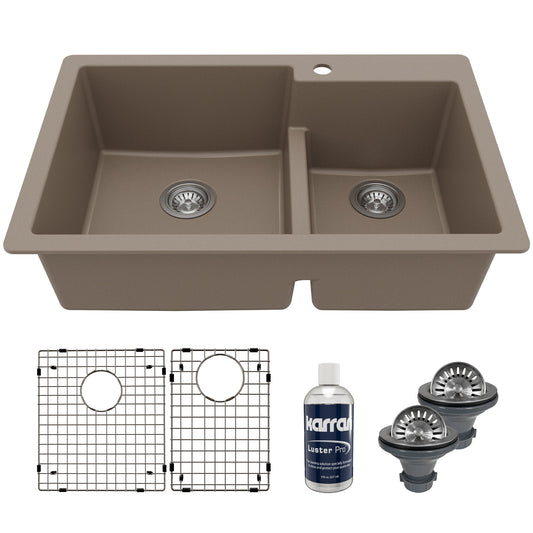 33" Top Mount Double Offset Bowl Quartz Composite Kitchen Sink Kit In Concrete