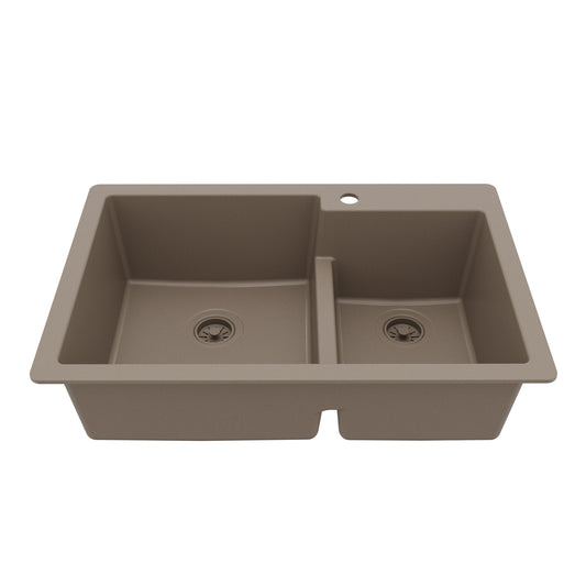 33" Top Mount Double Offset Bowl Quartz Composite Kitchen Sink In Concrete