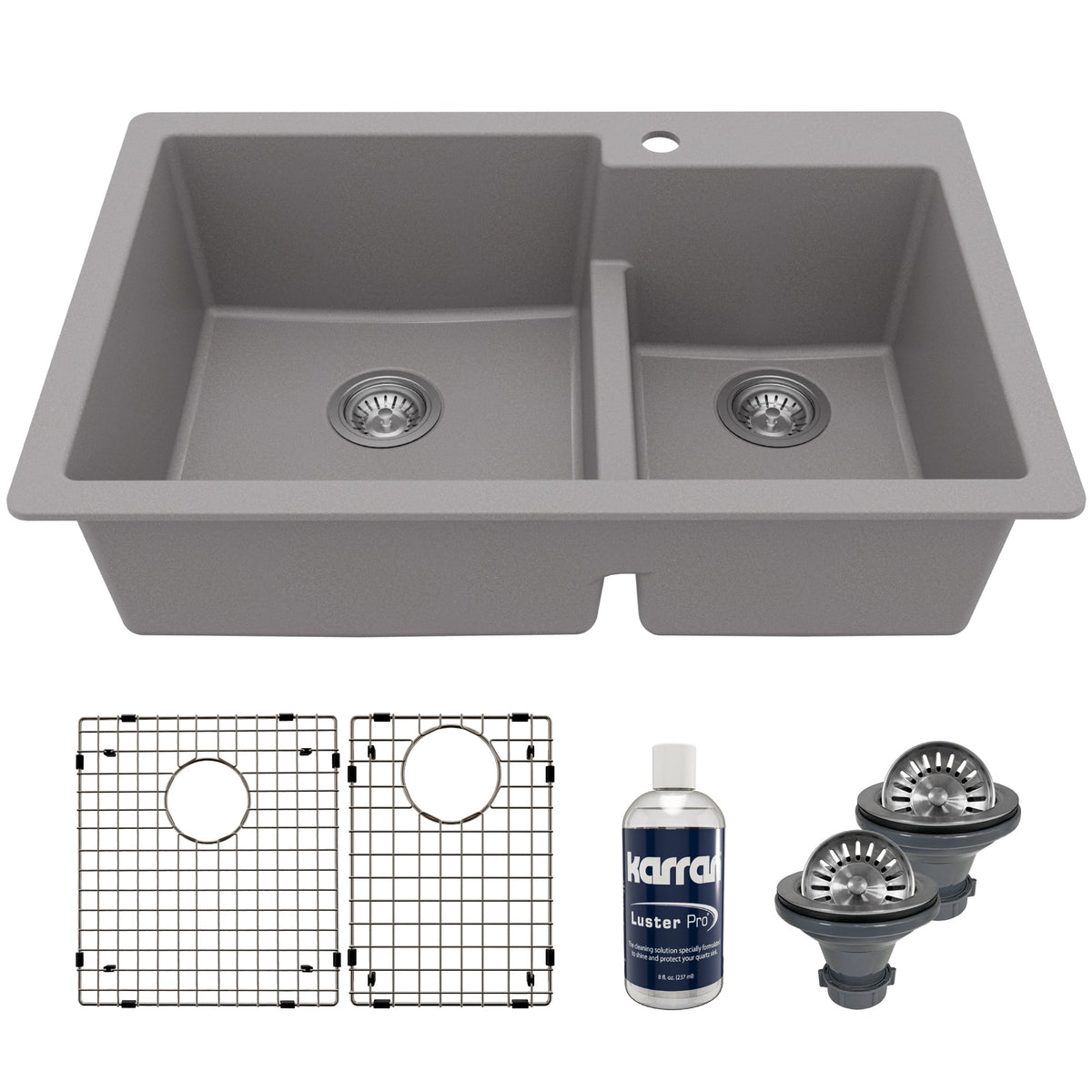 33" Top Mount Double Offset Bowl Quartz Composite Kitchen Sink Kit In Grey