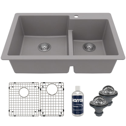 33" Top Mount Double Offset Bowl Quartz Composite Kitchen Sink Kit In Grey
