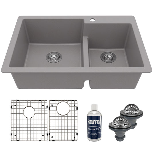 33" Top Mount Double Offset Bowl Quartz Composite Kitchen Sink Kit In Grey