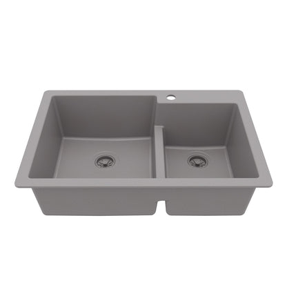 33" Top Mount Double Offset Bowl Quartz Composite Kitchen Sink In Grey