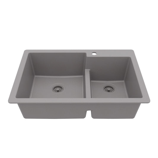 33" Top Mount Double Offset Bowl Quartz Composite Kitchen Sink In Grey