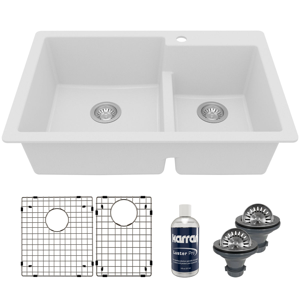 33" Top Mount Double Offset Bowl Quartz Composite Kitchen Sink Kit In White