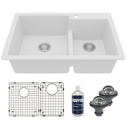 33" Top Mount Double Offset Bowl Quartz Composite Kitchen Sink Kit In White