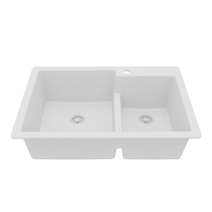 33" Top Mount Double Offset Bowl Quartz Composite Kitchen Sink In White
