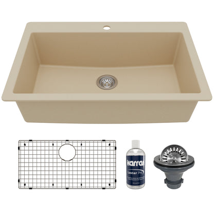 33" Top Mount Large Single Bowl Quartz Composite Kitchen Sink Kit In Bisque