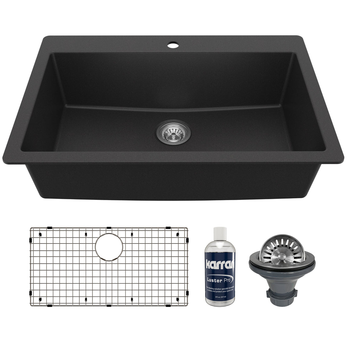 33" Top Mount Large Single Bowl Quartz Composite Kitchen Sink Kit In Black
