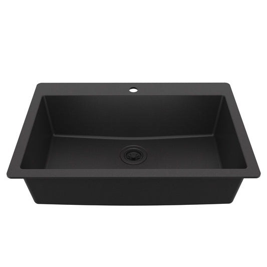 33" Top Mount Large Single Bowl Quartz Composite Kitchen Sink In Black
