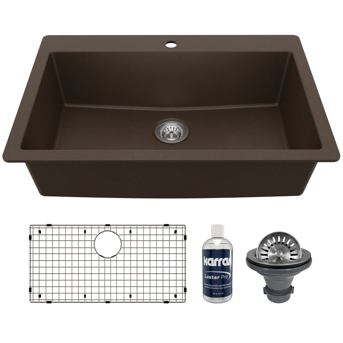 33" Top Mount Large Single Bowl Quartz Composite Kitchen Sink Kit In Brown