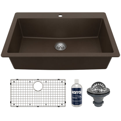 33" Top Mount Large Single Bowl Quartz Composite Kitchen Sink Kit In Brown
