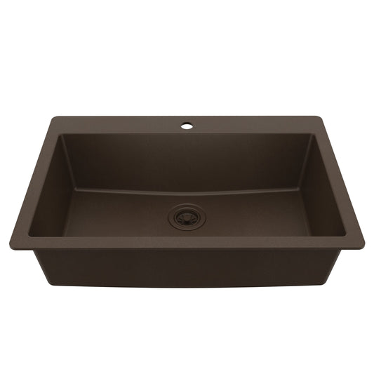 33" Top Mount Large Single Bowl Quartz Composite Kitchen Sink In Brown