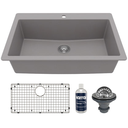 33" Top Mount Large Single Bowl Quartz Composite Kitchen Sink Kit In Grey