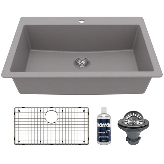 33" Top Mount Large Single Bowl Quartz Composite Kitchen Sink Kit In Grey