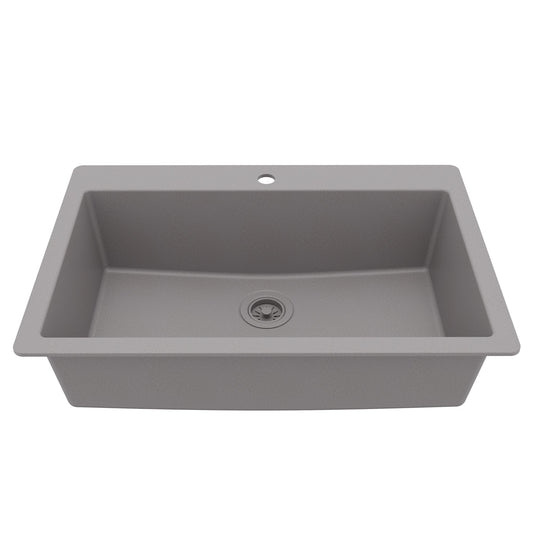 33" Top Mount Large Single Bowl Quartz Composite Kitchen Sink In Grey