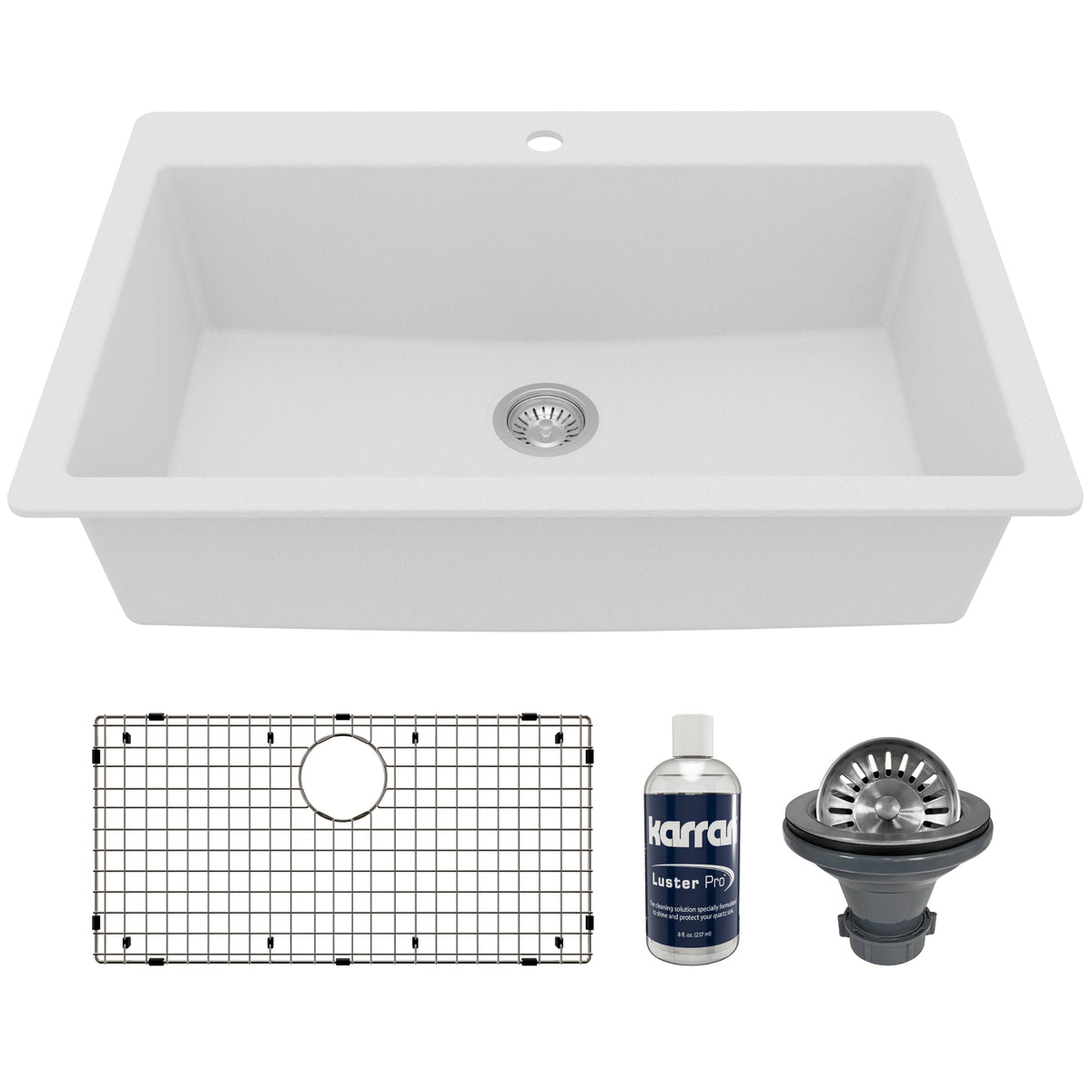 33" Top Mount Large Single Bowl Quartz Composite Kitchen Sink Kit In White