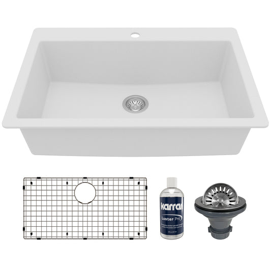 33" Top Mount Large Single Bowl Quartz Composite Kitchen Sink Kit In White