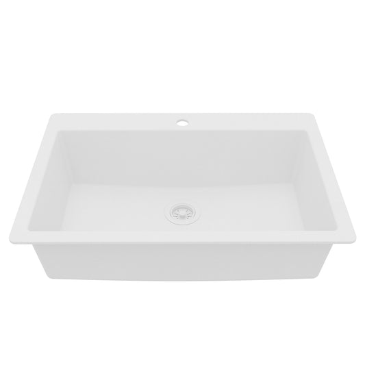 33" Top Mount Single Bowl Quartz Composite Kitchen Sink In White
