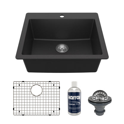 25" Top Mount Single Bowl Quartz Composite Kitchen Sink Kit In Black