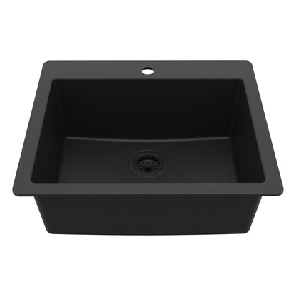25" Top Mount Single Bowl Quartz Composite Kitchen Sink In Black