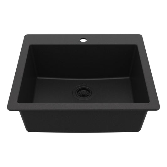 25" Top Mount Single Bowl Quartz Composite Kitchen Sink In Black