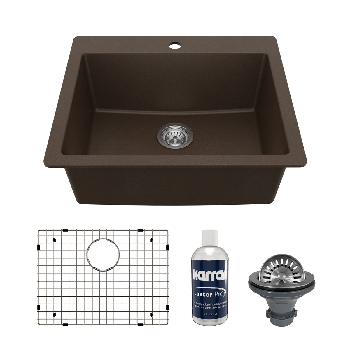 25" Top Mount Single Bowl Quartz Composite Kitchen Sink Kit In Brown