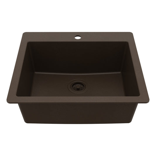 25" Top Mount Single Bowl Quartz Composite Kitchen Sink In Brown