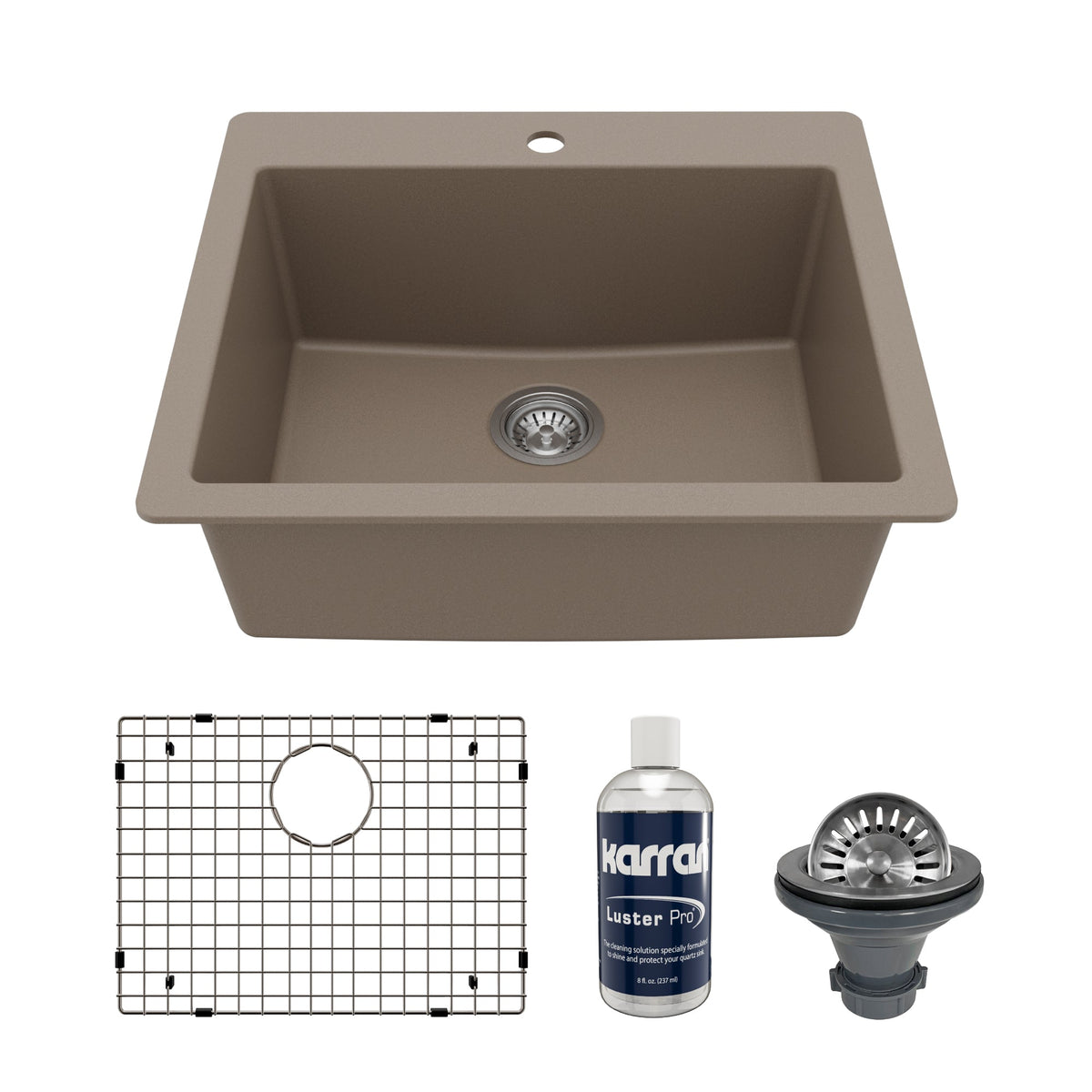 25" Top Mount Single Bowl Quartz Composite Kitchen Sink Kit In Concrete