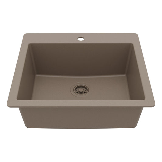 25" Top Mount Single Bowl Quartz Composite Kitchen Sink In Concrete
