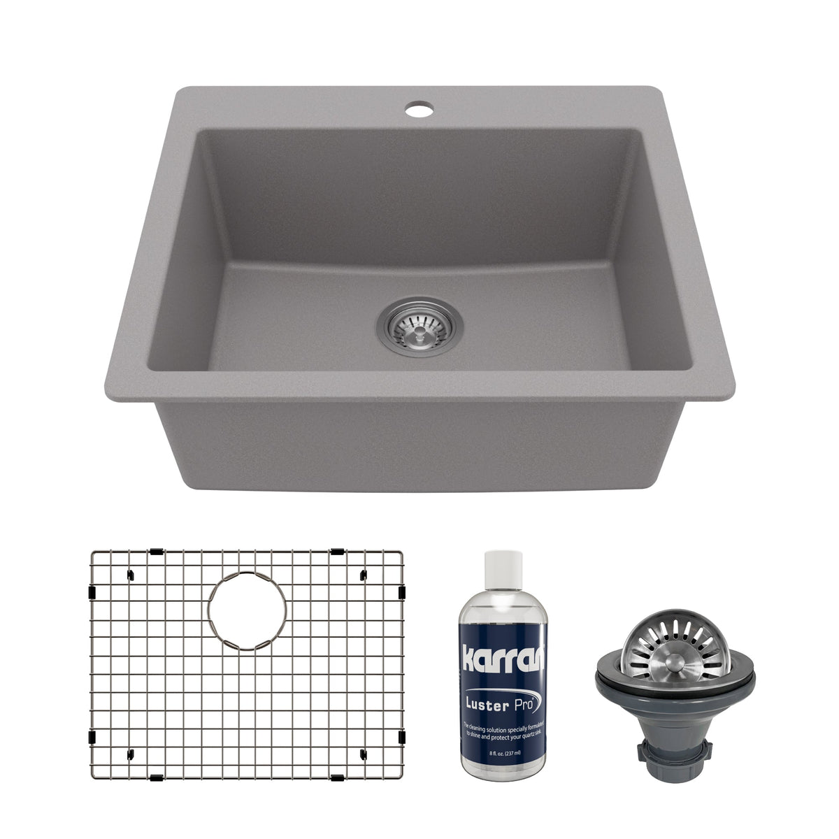 25" Top Mount Single Bowl Quartz Composite Kitchen Sink Kit In Grey