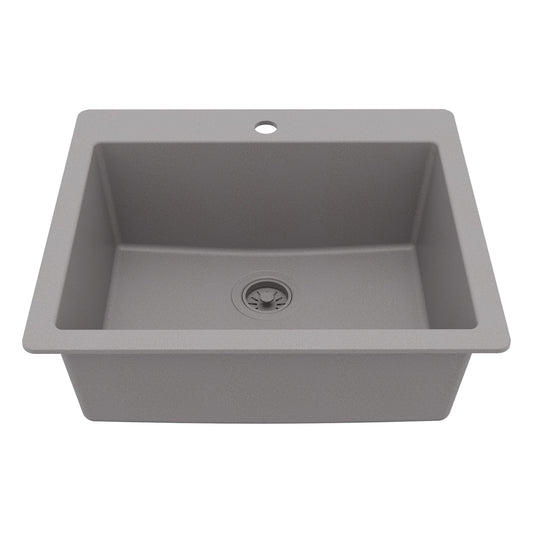25" Top Mount Single Bowl Quartz Composite Kitchen Sink In Grey