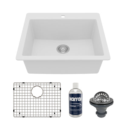 25" Top Mount Single Bowl Quartz Composite Kitchen Sink Kit In White