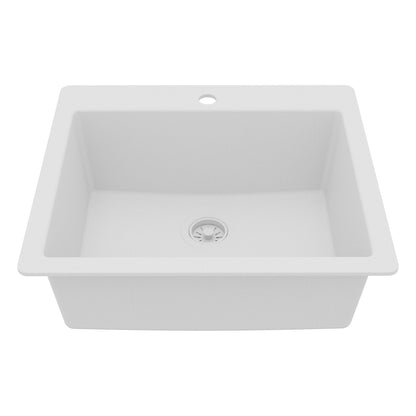 25" Top Mount Single Bowl Quartz Composite Kitchen Sink In White