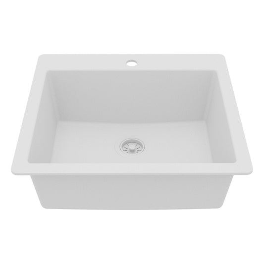25" Top Mount Single Bowl Quartz Composite Kitchen Sink In White