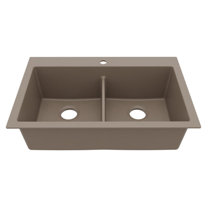 33" Top Mount Double Bowl Granite Kitchen Sink in Concrete