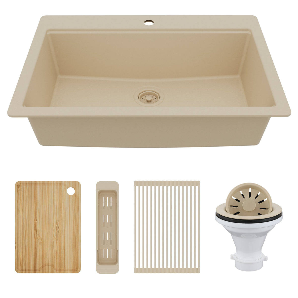 33" Top Mount Single Bowl Quartz Kitchen Sink Kit In Bisque