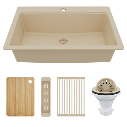 33" Top Mount Single Bowl Quartz Kitchen Sink Kit In Bisque