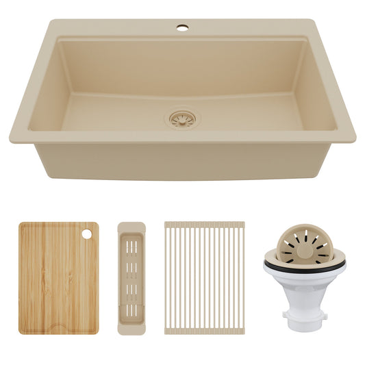 33" Top Mount Single Bowl Quartz Kitchen Sink Kit In Bisque