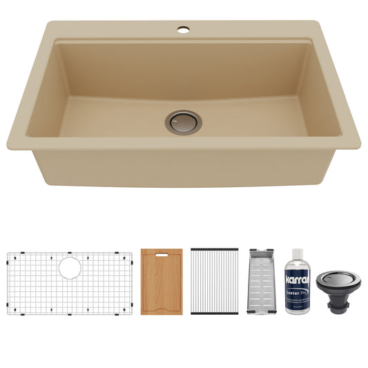 33" Top Mount Large Single Bowl Quartz Composite Workstation Kitchen Sink In Bisque