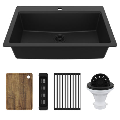 33" Top Mount Single Bowl Quartz Kitchen Sink Kit In Black