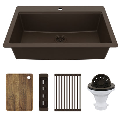 33" Top Mount Single Bowl Quartz Kitchen Sink Kit In Brown